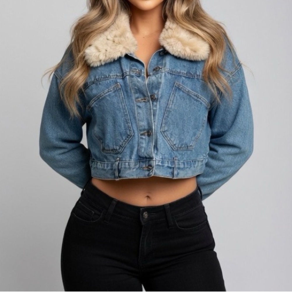 NWOT Doll’s Soft Fur Blue Essential Streetwear Cropped Jacket - Denim/Jean - Picture 5 of 5